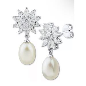 Sterling Silver Pearl (9mm) Flower Drop Earrings Stunning Luxury Trendy Chic NEW